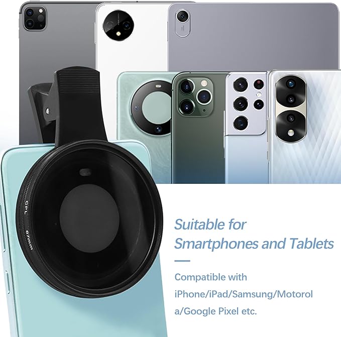 67MM CPL Filter for All Smartphones, Clip On Phone Filter Kit with Lens Cover and Protect Box, Universal Phone Clip Polarized Lens Compatible with iPhone 16 Pro Max 15 14 13