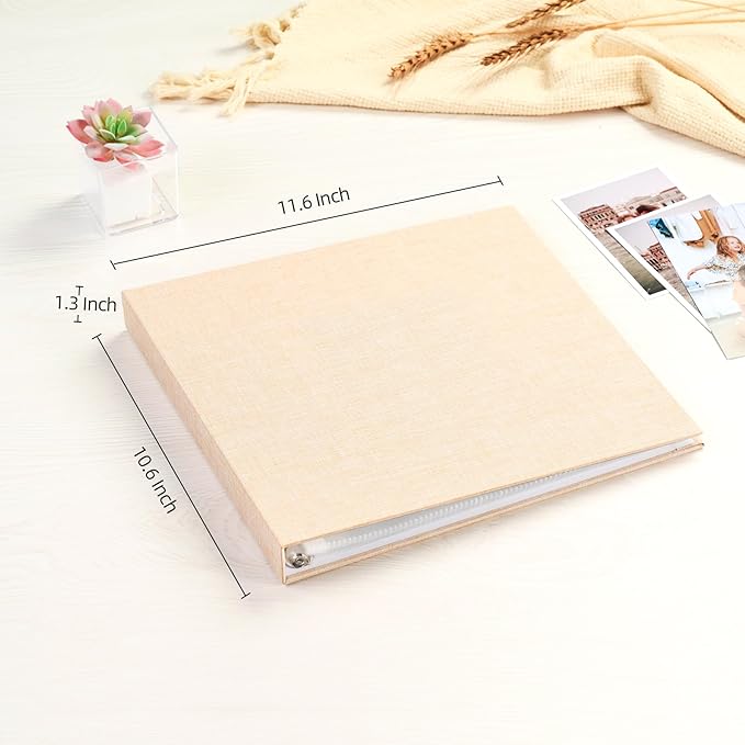 Mublalbum 10x10 Inch Large 3 Ring DIY Scrapbook Photo Album with 20 Plastic Sleeves 40 Pages Linen Cover Folder Binder for Baby Travel Wedding Anniversary and DIY Projects (Beige)