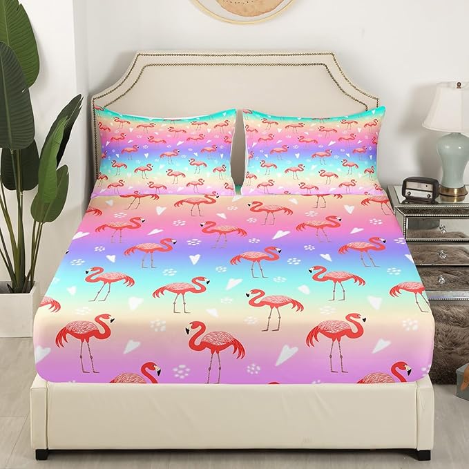 Erosebridal Pink Flamingo Bed Sheets Set - Queen Size Blue Purple Rainbow Gradient Sheet Set for Boys & Girls - Cute Animal Flamingo Fitted & Flat Sheets - 4 Pcs