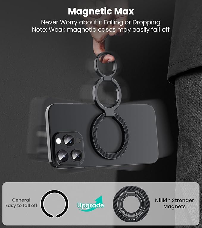 Nillkin MagSafe Phone Grip Ring Holder for Dual-Sided Magnet, Removable Magnetic Phone Ring Holder for iPhone 17/16/Pixel Snap Grip, Carbon Fiber, MagSafe Ring Stand, Accessories for iPhone, Black ﻿