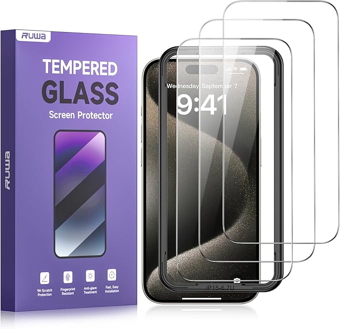 ruwa Screen Protector for iPhone 15 Pro Max [6.7 Inch] [3-Pack] Tempered Glass Film with Easy Installation Frame, Ultra HD, 9H Hardness, Scratch Resistant, Case Friendly