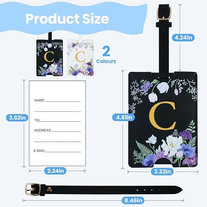 2 Pack PU Leahter Luggage Tags with PU Leather Straps, Fun Travel case Labels, Privacy-Protected ID Card Holders, Allowing for Quick Identification of Luggage and Easy locating of Your Bags (C)