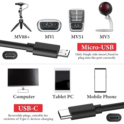 GEEKRIA for Creators Micro USB to USB C Microphone Cable 6.5ft / 2m, Compatible with Shure MV7, MV88+, MV5, MV51, MVi Mic Cord (Black)
