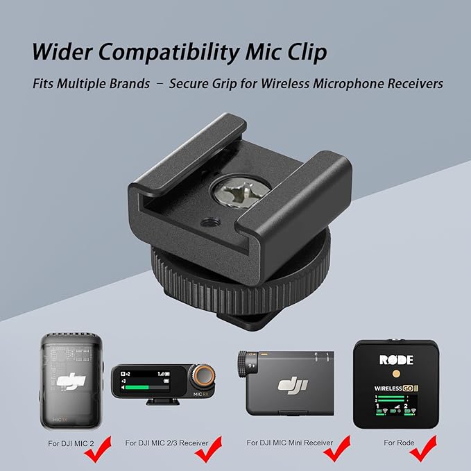 2pcs Cold Shoe Mount Adapter for DJI Mic 3/2/Mini/Rode/Hollyland/Saramonic Wireless Microphone Lavalier Receiver, Metal Camera Cage Adapter with 1/4" Tripod Hole Anti Drop Mic Accessories