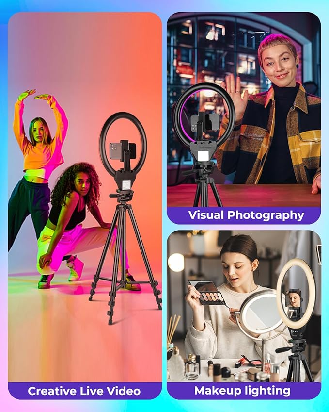 Sensyne 10'' RGB Ring Light with 50'' Extendable Tripod Stand, Circle Lights with Phone Holder for Live Stream/Makeup/YouTube Video/TikTok, Compatible with All Phones