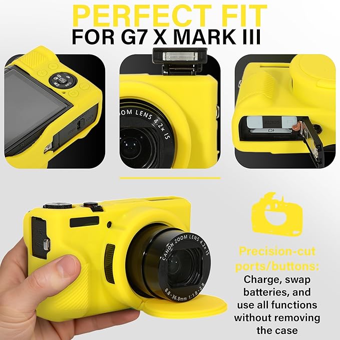 STSEETOP Camera Case for Canon PowerShot G7X Mark III - Protective Silicone DSLR Skin with Lens Cover, Detachable Cage, Shockproof, Dustproof (Yellow)