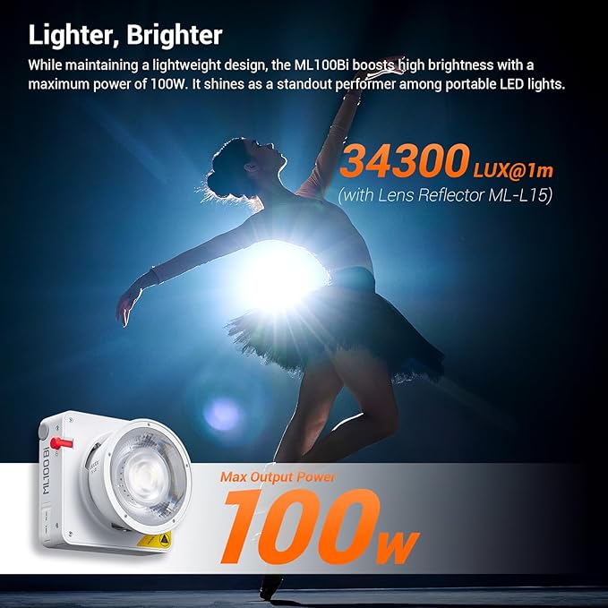 Godox ML100Bi 100W Portable LED Video Light,CRI 97+/TLCI 98+,0%-100% Brightness& Bi-Color COB Continuous Output Lighting 2800-6500K,11 FX Lighting Effects,App Control Mini Photography Light