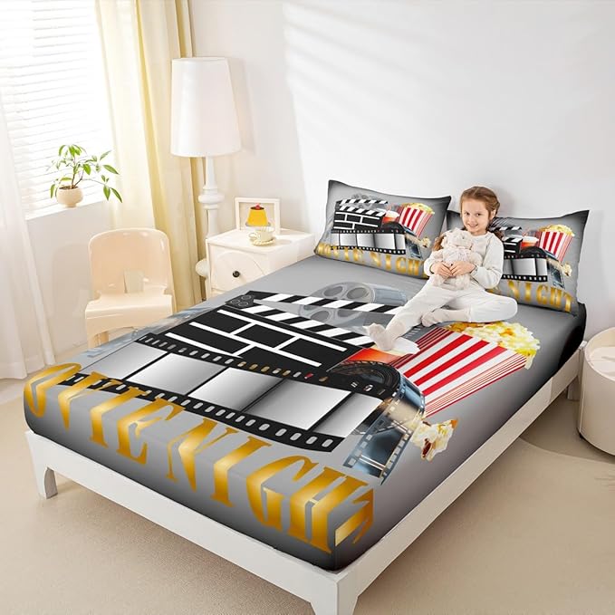 Erosebridal Movie Sheet Set Queen Home Theater Decor Bed Sheets Set for Boys Girls Family Vintage Cinema Style Sheets Movie Theater Fitted Flat Sheet Clapboard Popcorn Filmstrip Print Bedding Sets