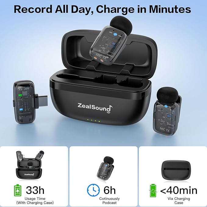 ZealSound Mini Microphone, Wireless Lavalier Mic for iPhone/iPad/Android, USB-C/Lightning, Noise Reduction, 33H Battery with Charging Case for Content Creators, TikTok & YouTube Videos - Transparent