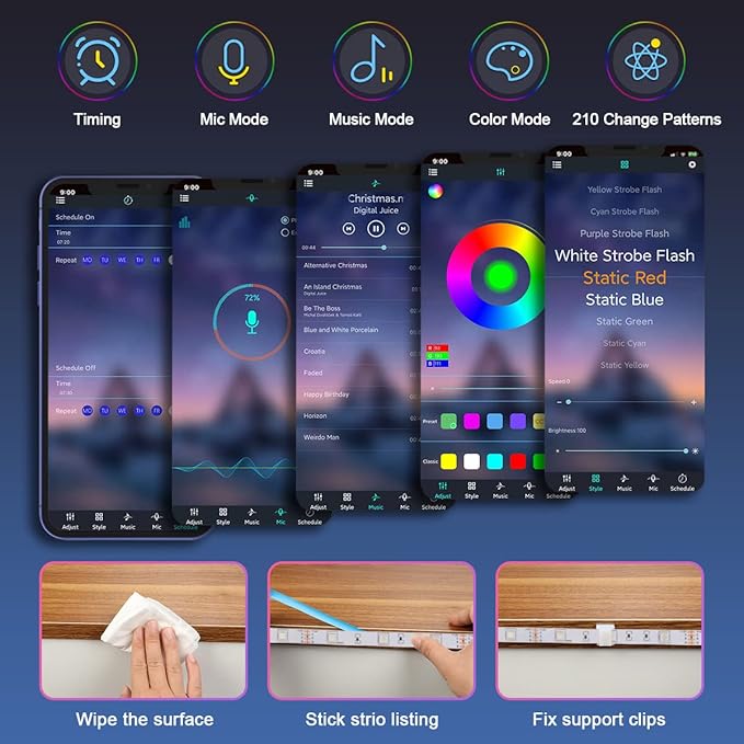 6 PCS RGB Under Cabinet Lighting Kit, App and Remote Control Led Strip Lights, Music Sync Color Changing Led Lights with ETL Listed Power Adapter, for Cabinet, Counter, Shelf, Bookcase, 9.8ft