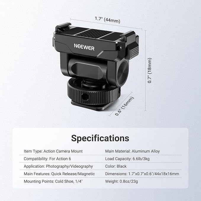 NEEWER Magnetic Quick Release Mount Compatible with DJI Osmo Action 6 Only, Action Camera Accessories with Universal Cold Shoe Adapter & 1/4" Thread, 160° Tilt, AC072 (Black)