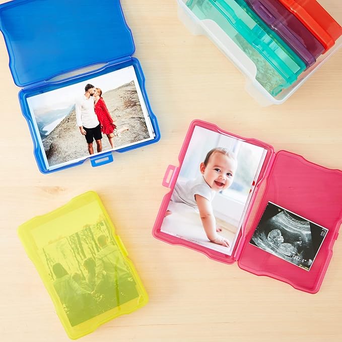 Paper Junkie Photo Storage Box - 4 x 6 in Clear Plastic & 6 Multicolor Inner Cases - Snap-Close Photo Storage Containers & Sticker Box