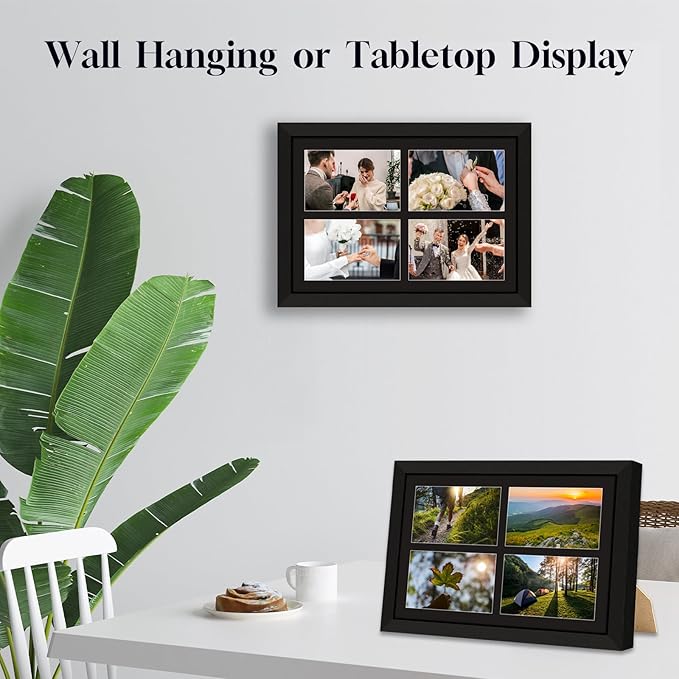 4x6 Photo Collage Frame 4 Openings, 9.5"x13.5" Multi Picture Frame Collage 4"x6" Gallery Wall Decor Wooden, Black Frame with Black Mat, Wood