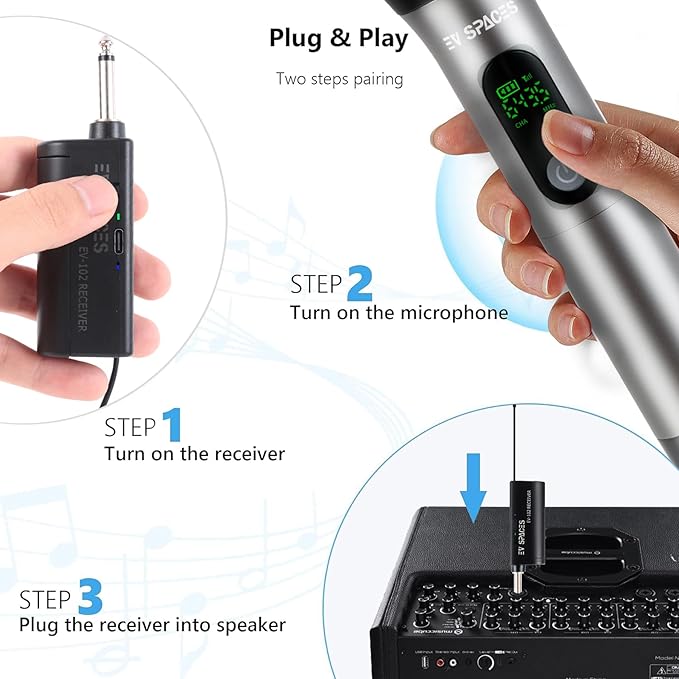 Rechargeable Wireless Microphone System - Dual UHF Metal Handheld Mics for Karaoke, Weddings, Parties, Speeches - Long Range (200ft), Cordless Dynamic Mic Kit, Plug and Play (Single Microphone Set)