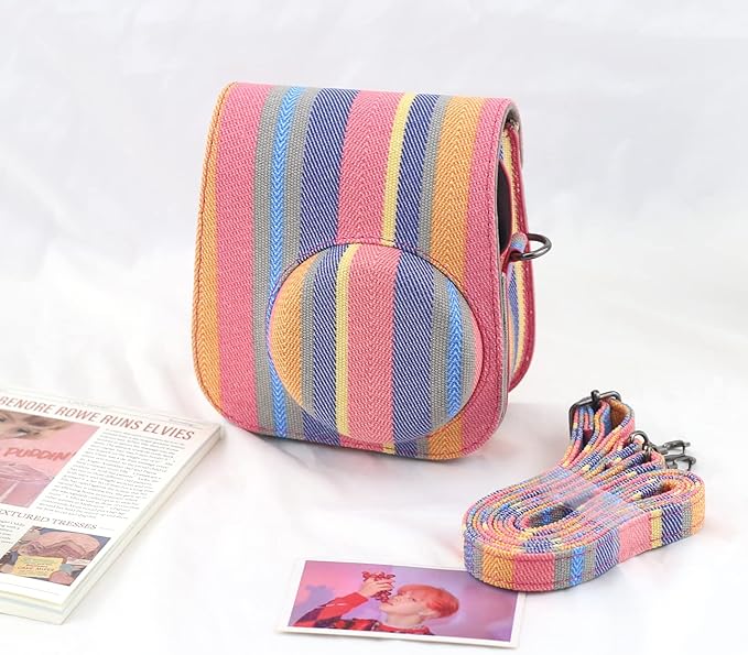 Frankmate Canvas Camera Case Compatible with Fujifilm Instax Mini 11 12 Instant Camera with Adjustable Strap and Pocket (Color Stripes)