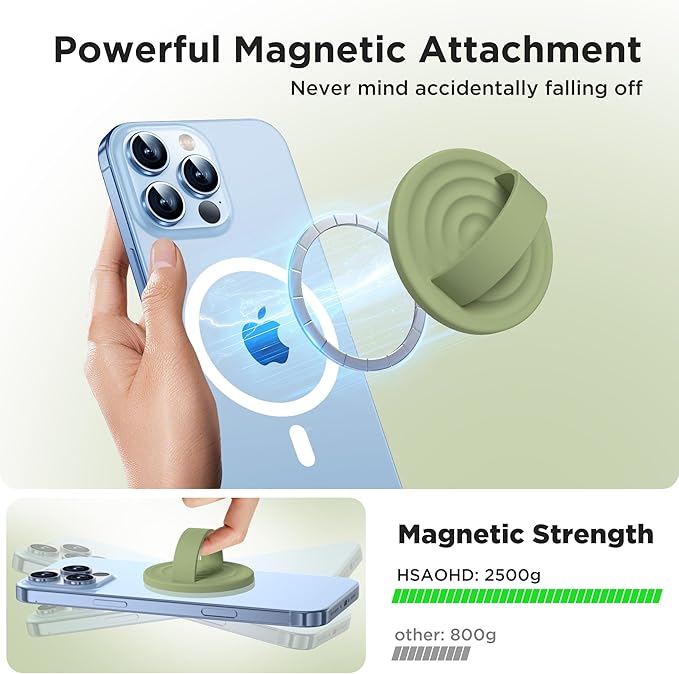 Upgraded Magnetic Phone Grip, Liquid Silicone Soft and Portable, Removable Finger Loop Ring Grip Holder for iPhone, Strong Magnetic Attraction, Compatible with MagSafe Phone Case, Tea Green