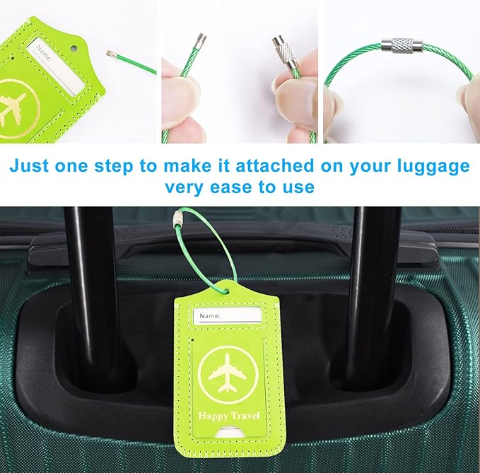ACdream Luggage Tags 2 Pack, Leather Suitcase Tags Identifiers, Cute Cruise ID Labels with Privacy Cover fits on Backpack, Travel Bag, for Women, Men, Adults, Kids, Green