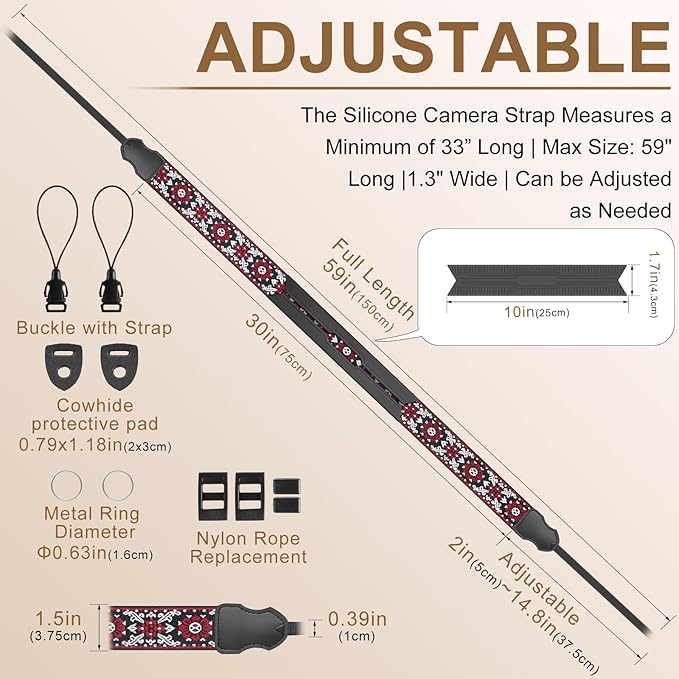 Neck Strap Silicone Camera Straps - Padded Camera Strap, 1.5" Wide Adjustable Nylon Shoulder Strap - Compatible with Canon, Nikon, Sony, and More DSLR and Mirrorless Cameras (Red Flower)