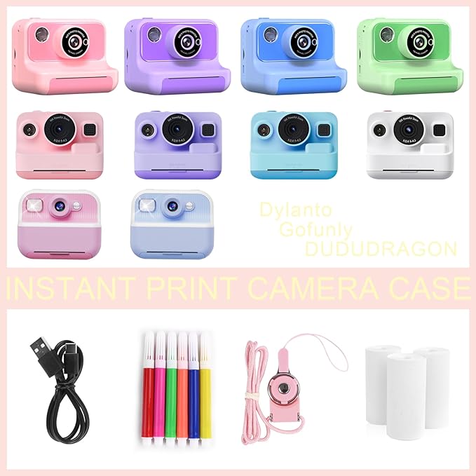 Kids Instant Print Camera Case Compatible with Dylanto/Gofunly/DUDUDRAGON/ESOXOFFORE Kids Camera, Prints Paper Water Color Pen Storage Case Birthday Gift