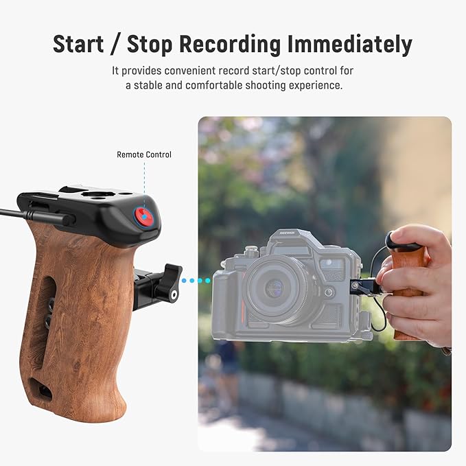 NEEWER Wooden Side Handle with Record Start/Stop Remote Trigger NATO Clamp 1/4" & 3/8" Threads Vertical Adjustment 22lb Load Compatible with SmallRig Camera Cage Sony Fujifilm Panasonic, CA123