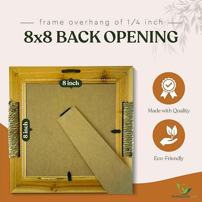 BoHo Wicker Accent Solid Wood Picture Frame for 8x8 Photo or Artwork - Bohemian, Coastal or Beach Style, Wall & Tabletop Decor Picture Frame, All Natural Wood & Seagrass - Golden Brown