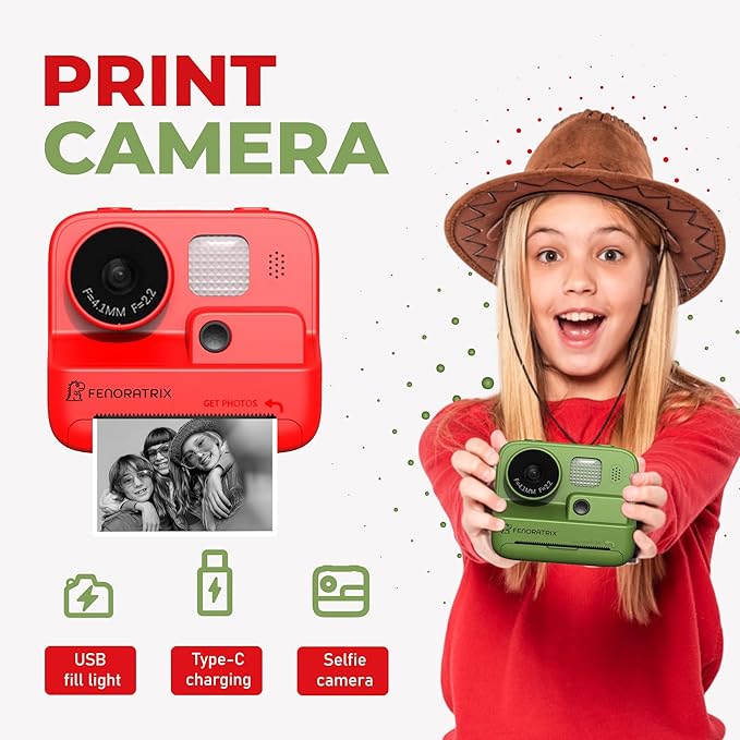 Instant Print Camera for Kids – No Ink Needed, 2.4" Screen, Selfie & 1080P Video, 10X Zoom, 3 Paper Rolls, Stickers & Markers, Fun Creative Gift for Boys & Girls Ages 3 4 5 6 7 8 9 10 – FENORATRIX RED