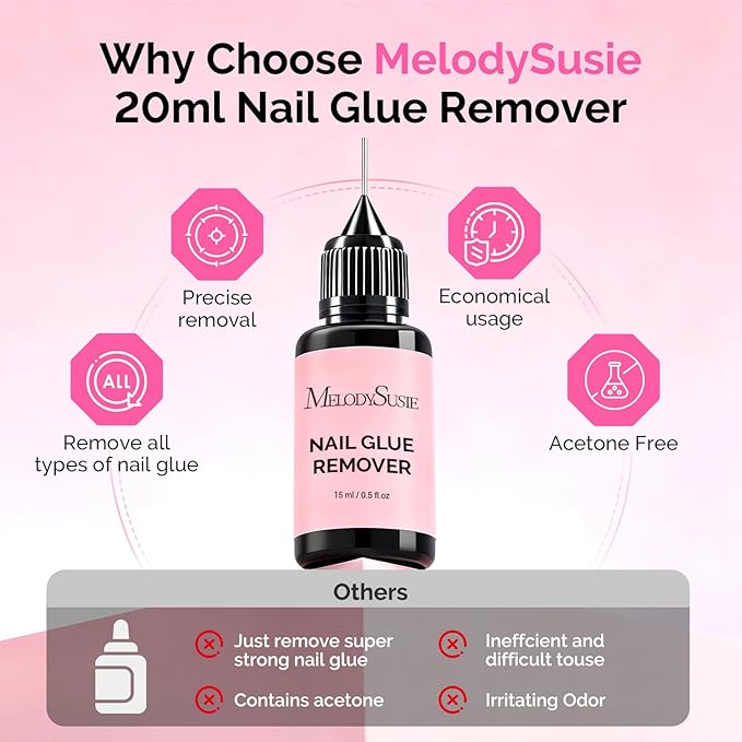 MelodySusie 2PCS Nail Glue Remover for Press on Nails, Acetone Free Nail Polish Remover Multi-Functional Liquid for Removing Glue from Nail Tips Full Cover Nails for Home and Salon Use