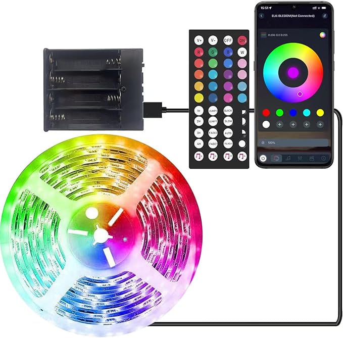 Battery Operated LED Strip Lights 13.12ft RGB Color Changing, Music Sync, Remote & App Control for Bedroom, Party, TV, Decor (13.12ft)
