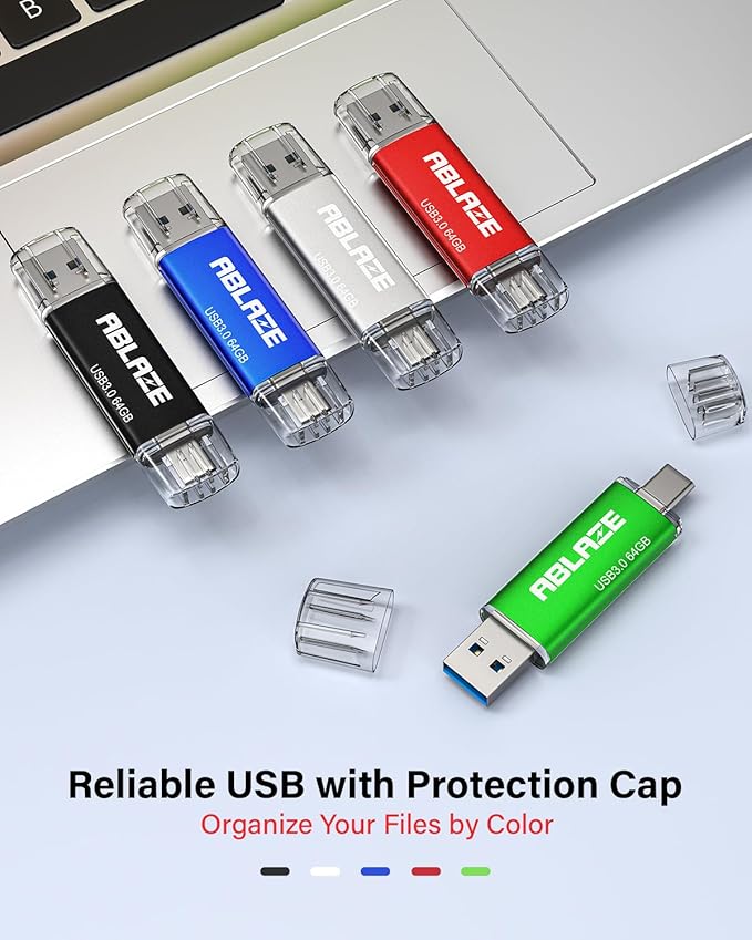 ABLAZE USB C Flash Drive 64GB 2 Pack, Dual USB 3.0+Type C Flash Drive Compatible with iPhone 16/15, Android Smartphone, Computer,Tablet Mac Laptop (2 Pack)