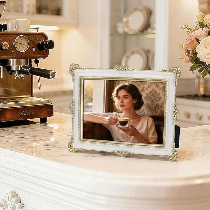 PHAREGE 5x7 White Picture Frame with Gold Trim, Vintage Decorative Display Photo Frame 5 by 7, Ornate Antique Frame for Tabletop or Wall