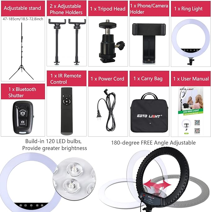 Upgraded 18 inch LED Ring Light with Tripod Stand, Selfie Ring Light with Touch Panel for Makeup Studio Portrait YouTube Vlog Video Shooting with Carrying Bag and Remote Controller, CRI>90