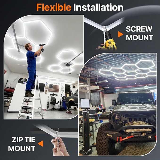 Hexagon Garage Lights: 245W 8 Grids Hexagon Led Lights, 6500K Ultra Bright Hex Light, Honeycomb Light for Garage, Shop, Basement, Barber, Homegym