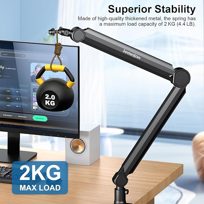 LM08 Mic Arm Stand, 360° Microphone Stand with Cable Management Channels, Desk Clamp, Thread Adapter, Fully Adjustable Built Podcast Mic Boom Arm for Streaming Gaming Recording Black