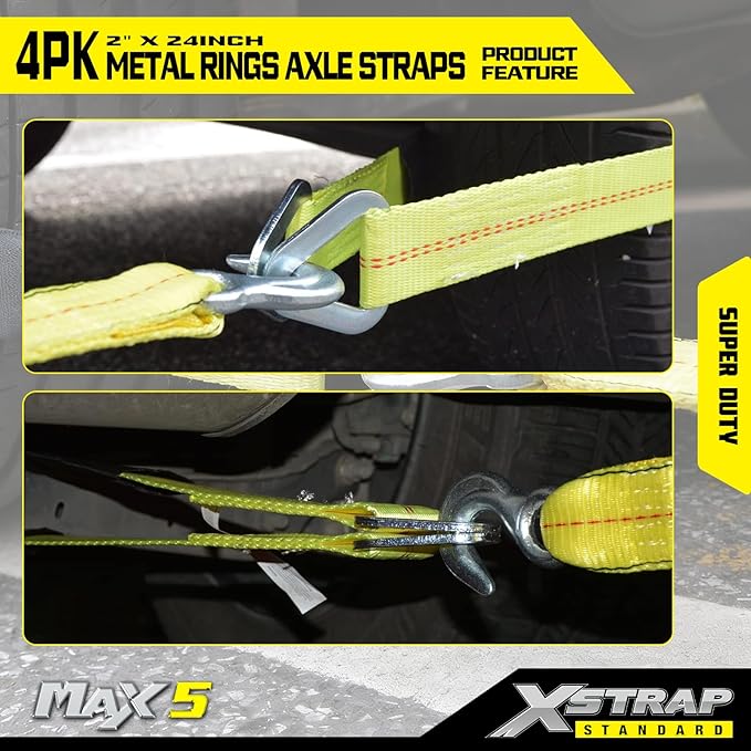 XSTRAP STANDARD 4 Pack of 24 x 2" Axle Strap with Protective Sleeve and D-Ring for Securing Car Transport, Axle Tie Down Straps - 3333 Lb. Capacity 10,000 Breaking Strength