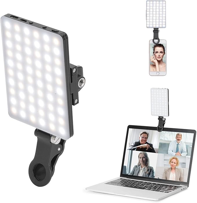 Newmowa 60 LED High Power Rechargeable Clip Fill Video Conference Light with Front & Back Clip, Adjusted 3 Light Modes for Phone, iPhone, Android, iPad, Laptop, for Makeup, TikTok, Selfie, Vlog