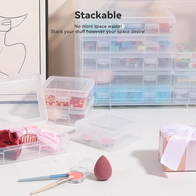 novelinks Stackable Plastic Clear Storage Box Containers with Latching Lid - Art Craft Supply Organizer Storage Containers for Pencil Box,Crayon, Jewelry (6 Pack Medium+6 Pack Small-Clear)