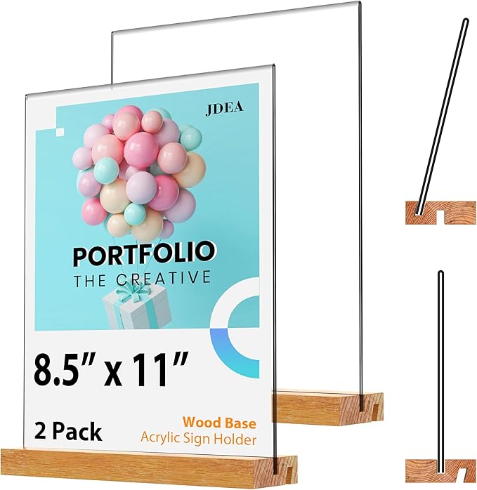 JDEA Acrylic Sign Holder with Wood Base 8.5x11 Inch Vertical and Slant Displays (2 Pack 8.5*11")