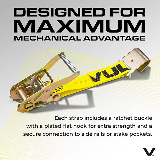 VULCAN Car Tie Down with Flat Hooks - Lasso Style - 2 Inch x 96 Inch - 4 Pack - Classic Yellow - 3,300 Pound Safe Working Load