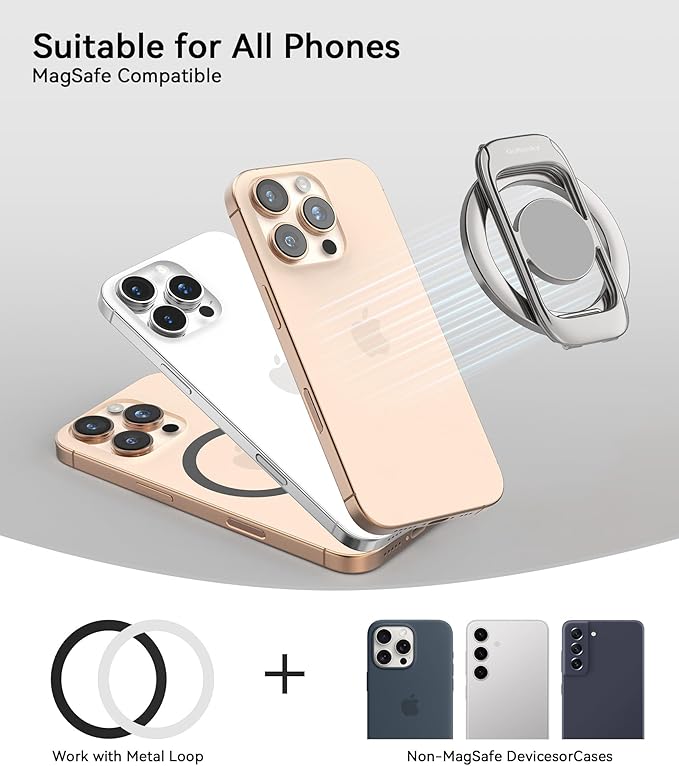 Magnetic Phone Ring Holder for MagSafe Phone Grip & Kickstand, Strong Dual-Sided Magnets Compatible with MagSafe Car Mount Gym for iPhone 17/16 Pro Max 15/14/13/12 and Android Phone Cases (Titanium)