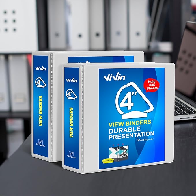 ViVin Durable 4 inch D Ring View Binder, Large 4" Slant-D Ring with 835-Sheet Capacity, Fit 8.5" x 11" Paper, 2 Pack(White)