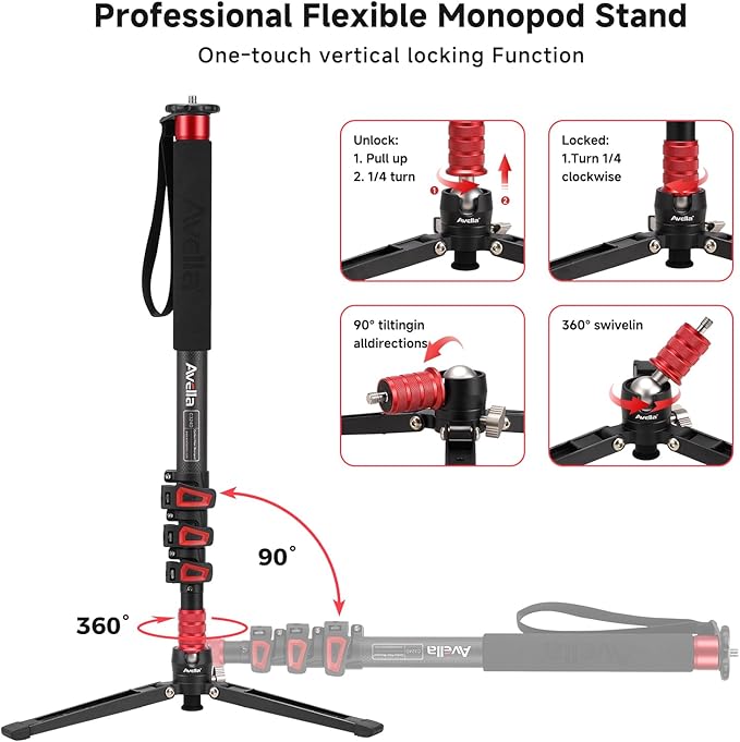Avella C324D Carbon Fiber Monopod — 67" Telescopic Video Monopod for DSLR & Mirrorless Cameras