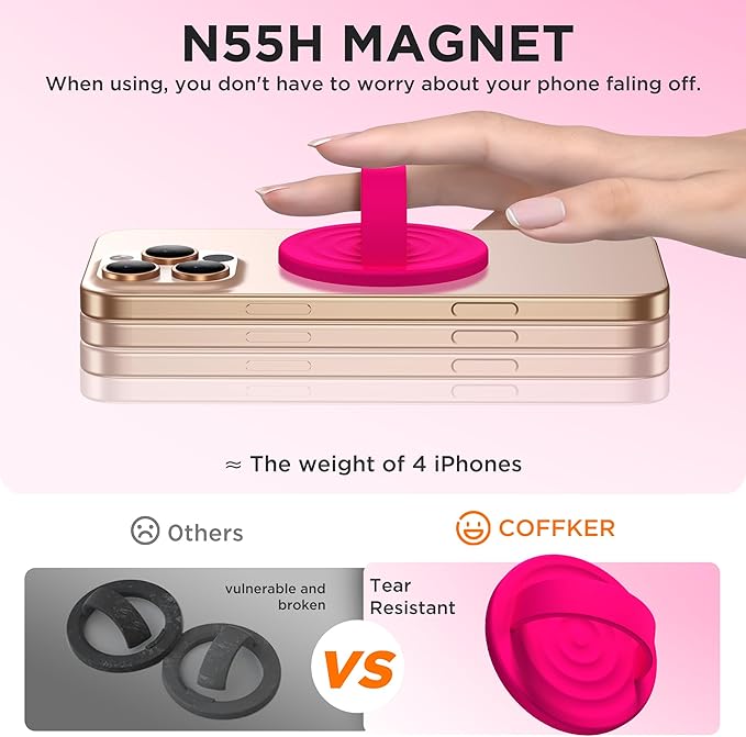 Magnetic Phone Grip Ring Holder, Liquid Silicone Magnet Cell Phone Grip Finger Loop, Compatible with Magsafe, Back of Phone for iPhone 17/16/15/14/13/12 Series, Neon Pink