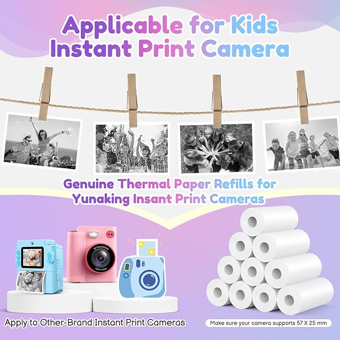 10 Rolls Kids Camera Paper Roll Refill - Yunaking Instant Print Camera for Kids Refill Print Paper Thermal Printing Papers Rolls for Most Kid Instant Cameras (57X25mm - White)