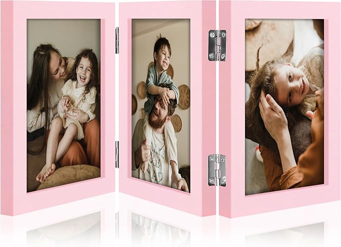 decorUhome Triple 4x6 Picture Frame Vertical, Engineered Wood Trifold Photo Frame with Plexiglass for Tabletop Display, 4x6, Pink