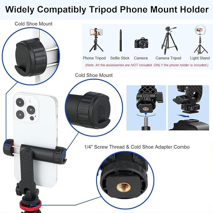 Phone Tripod Mount iPhone Holder for Tripod, Universal Smartphone Mount Adapter with 2 Cold Shoes, 360° Rotate Adjustable Cellphone Clip Clamp Holder for iPhone Android Camera