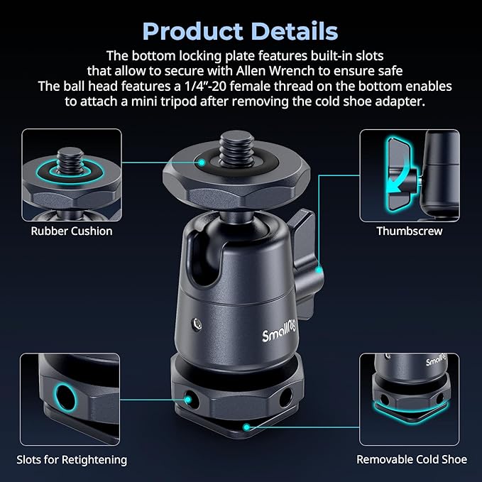 SmallRig Mini Ball Head (2 Pack) with 1/4" Screw and Removable Shoe Mount, 360 Degree Rotatable Aluminum Tripod Head for Camera Tripods Monopods Camcorder Light Microphone, Max. Load 1.5 kg - 2948B