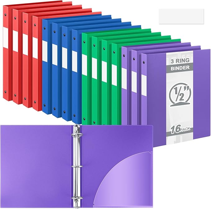 Henoyso 16 Pcs 3 Ring Binder 1/2'' Round Fits Letter Size 8.5'' x 11'' Paper Plastic Flexible Binder Holds 140 Sheets with 1 Pockets Versatile Organizer for Home Office School (Blue Green Purple Red)