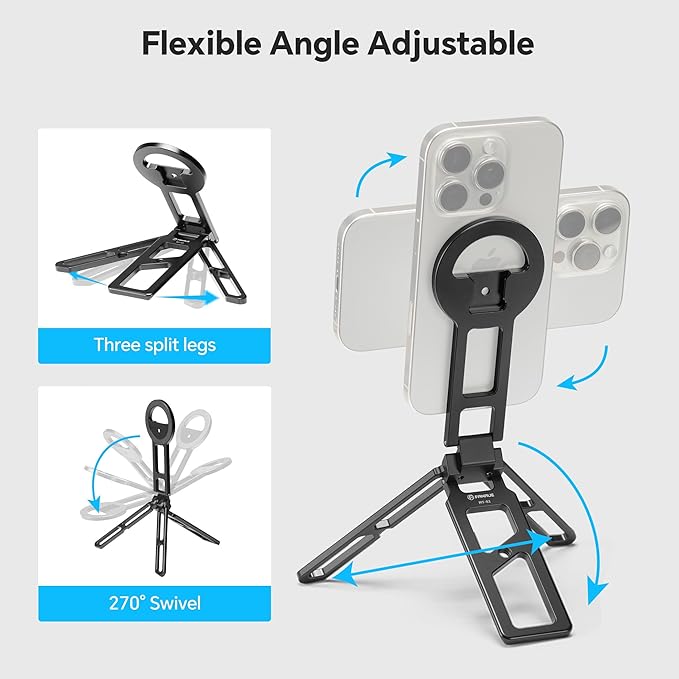 FANAUE Adjustable Phone Tripod Stand, Foldable Magnetic Cell Phone Holder with Arca-Swiss and 1/4" Screw Hole, Aluminium Magsafe Smartphone Mount with Cold Shoe for iphone16 15 14 13 12 Plus Pro Max