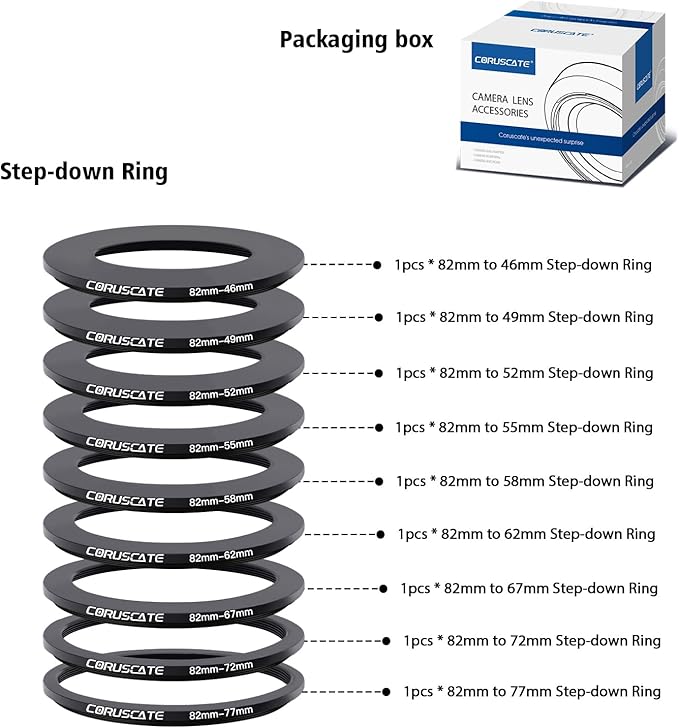 9Pcs 82mm Filter Ring Adapter Set,Metal Step Down Ring for All Brands UV ND CPL 82-46mm,82-49mm,82-52mm,82-55mm,82-58mm,82-62mm,82-67mm,82-72mm,82-77mm