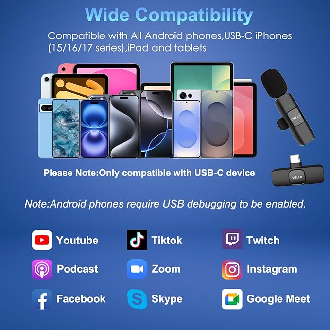 Vislla Wireless Lavalier Microphone for iPhone 15/16/17 Series, iPad and Android Devices, Noise Cancelling,Bluetooth Mini Lapel Microphone for Vlogging/YouTube/Live Streaming/Tiktok/Interview